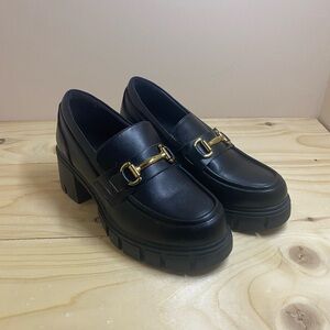Dream Pairs Black Chunky Heel Loafers with Gold Bit Hardware